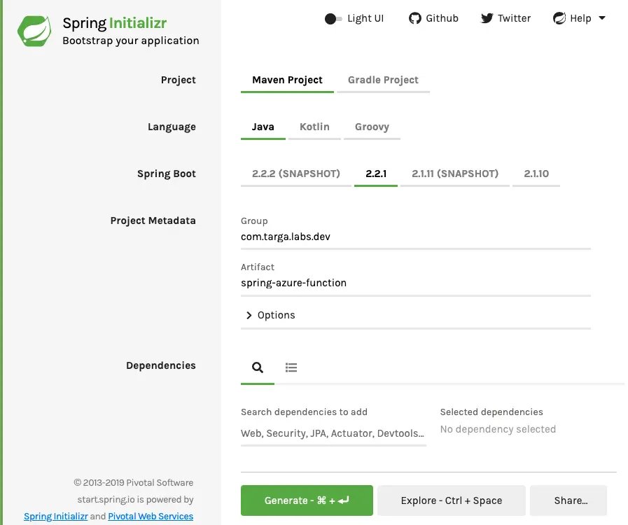 Generate a blank new Spring Boot application using Spring Initializr