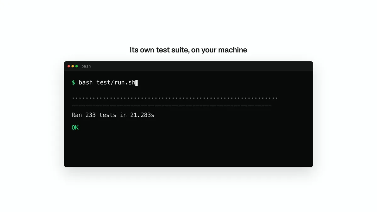 A terminal window showing a real test run finishing: “Ran 233 tests in 21.283s” followed by OK