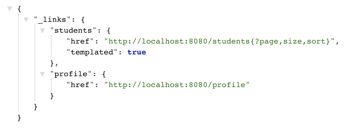 Landing Page: HATEOS json code listing REST services