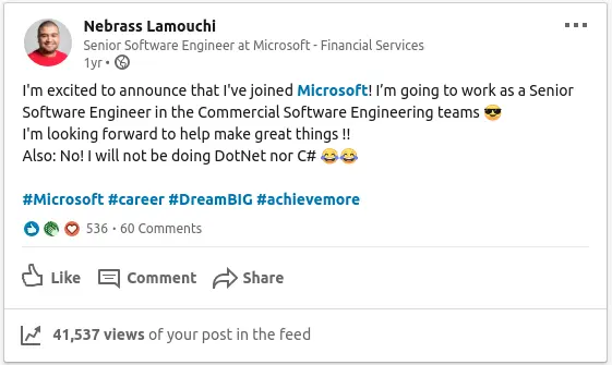 My Linkedin post announcing the greatest event in my career